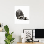 Black White Cute Raccoon met Baby Poster (Thuiskantoor)