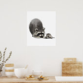 Black White Cute Raccoon met Baby Poster (Keuken)