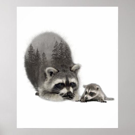 Black White Cute Raccoon met Baby Poster (Voorkant)
