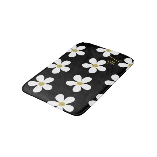 Black White Daisy Pattern Simple Floral Gold Badmat (Gekanteld)