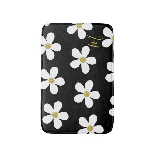 Black White Daisy Pattern Simple Floral Gold Badmat (Voorkant Verticaal)