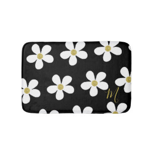 Black White Daisy Pattern Simple Floral Gold Badmat