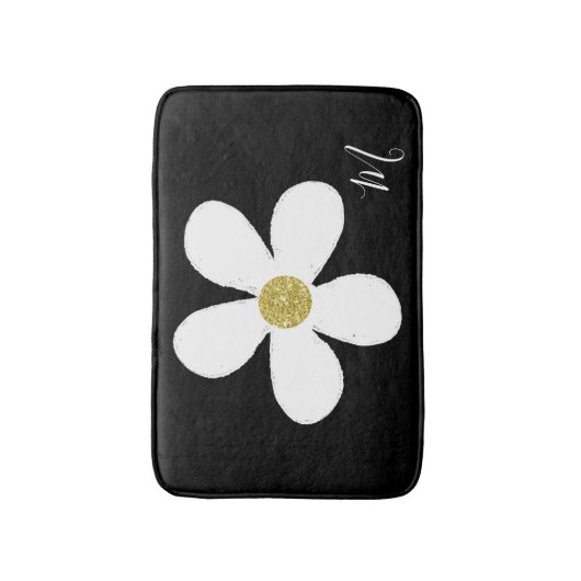 Black White Daisy Simple Floral Gold Badmat (Voorkant Verticaal)