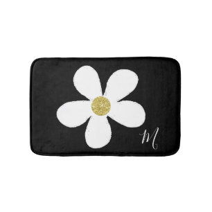 Black White Daisy Simple Floral Gold Badmat