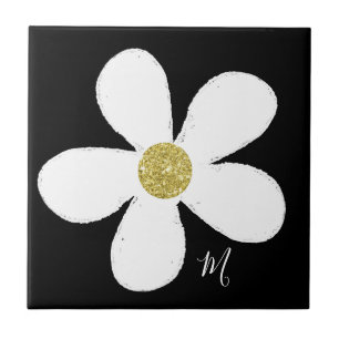 Black White Daisy Simple Floral Gold Personal Tegeltje