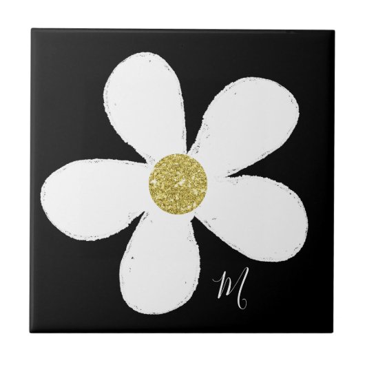 Black White Daisy Simple Floral Gold Personal Tegeltje (Voorkant)
