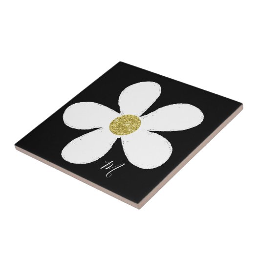 Black White Daisy Simple Floral Gold Personal Tegeltje (Zijkant)