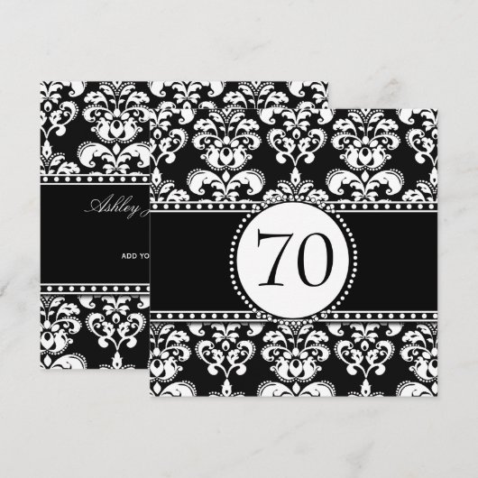 Black White Damask 70th Birthday Invitation Kaart (Voorkant / Achterkant)