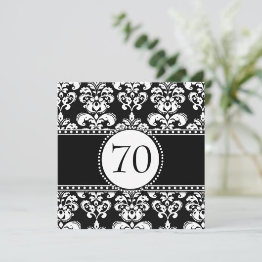 Black White Damask 70th Birthday Invitation Kaart (Staand voorkant)
