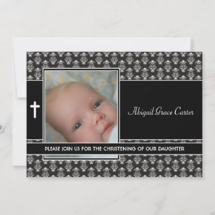 Black White Damask Baby Girl Foto Christening Kaart