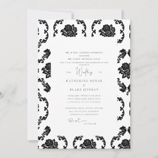 Black & White Damask Beide ouders bruiloft Kaart (Voorkant)
