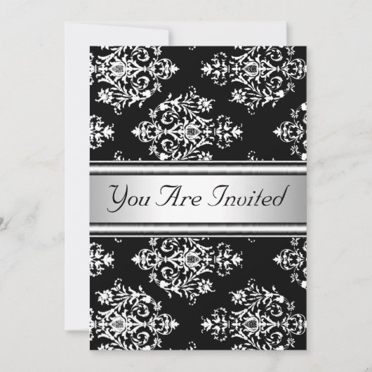Black White Damask Birthday Party Invitation Kaart (Voorkant)