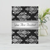 Black White Damask Birthday Party Invitation Kaart (Staand voorkant)