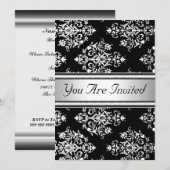 Black White Damask Birthday Party Invitation Kaart (Voorkant / Achterkant)