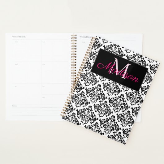 Black White Damask Cute Girly Trendy Monogram Planner (Display)