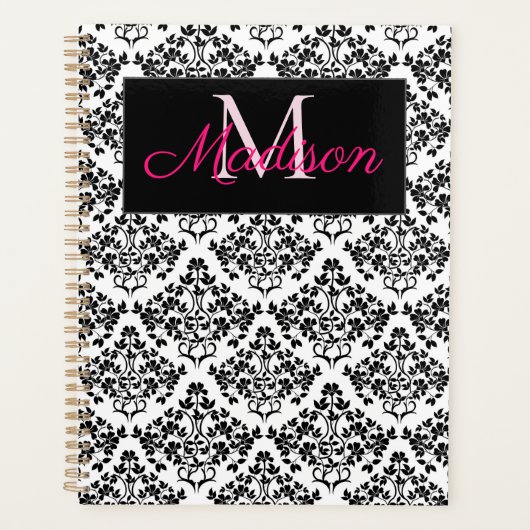 Black White Damask Cute Girly Trendy Monogram Planner (Voorkant)
