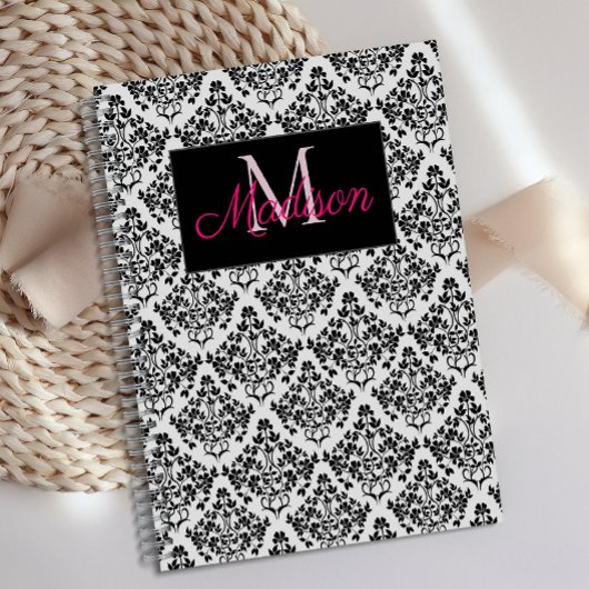 Black White Damask Cute Girly Trendy Monogram Planner