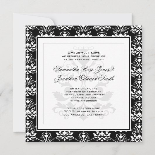 Black & White Damask Elegant Wedding Invitation Kaart (Voorkant)