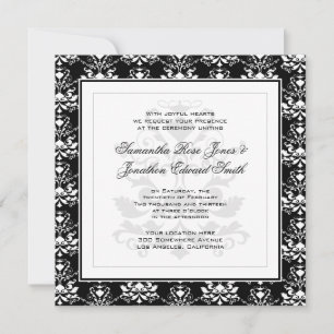 Black & White Damask Elegant Wedding Invitation Kaart
