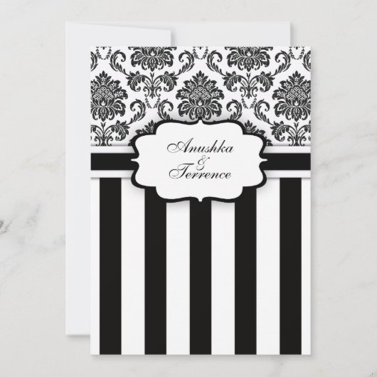 Black White Damask en Stripes Wedding Invitation Kaart (Voorkant)
