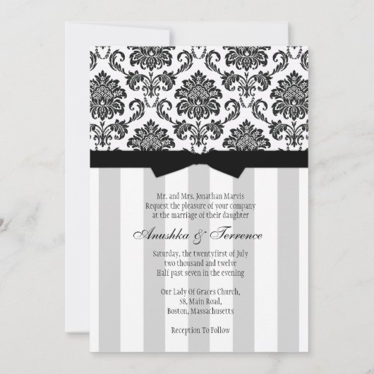 Black White Damask en Stripes Wedding Invitation Kaart (Achterkant)