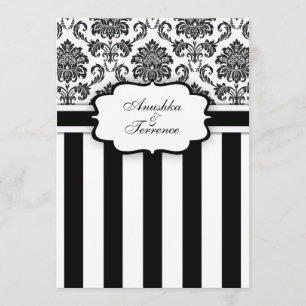 Black White Damask en Stripes Wedding Invitation Kaart