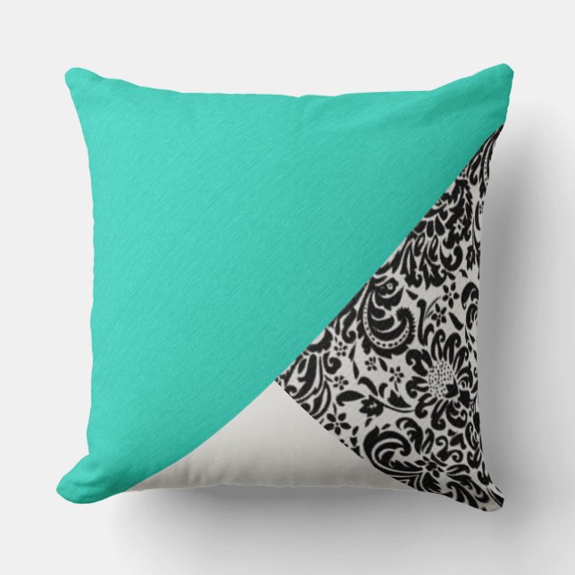 Black White Damask Floral Blauwgroen Turquoise Pat Kussen (Voorkant)