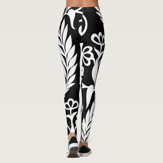 Black White Damask Floral Pattern Custom Modern Leggings (Achterkant)