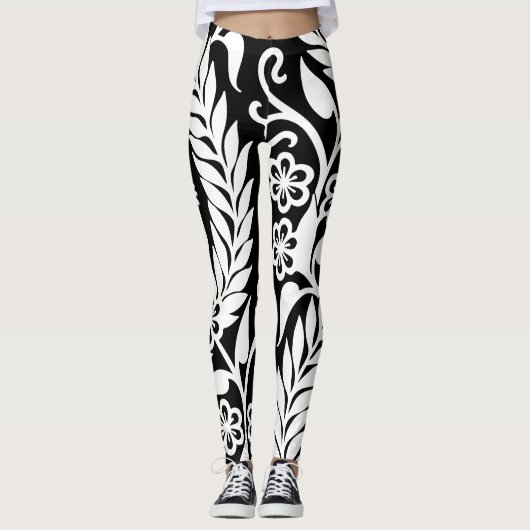 Black White Damask Floral Pattern Custom Modern Leggings (Voorkant)