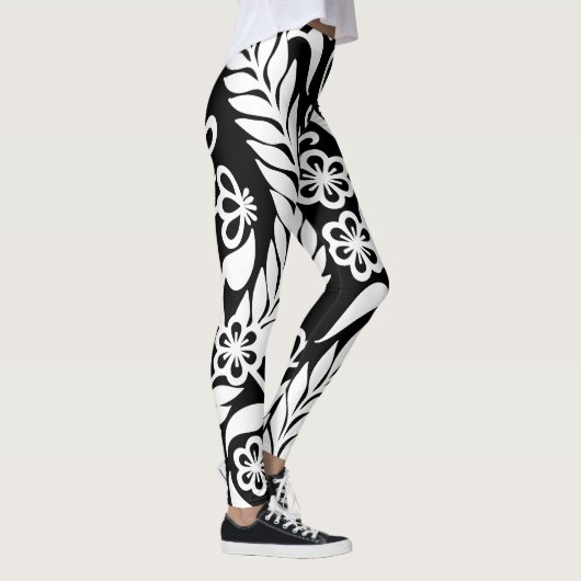Black White Damask Floral Pattern Custom Modern Leggings (Rechts)
