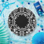 Black White Damask Floral Swirls personaliseren Papieren Bordje (Feest)