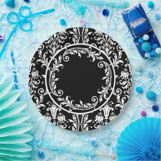 Black White Damask Floral Swirls personaliseren Papieren Bordje (Feest)