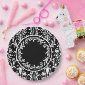 Black White Damask Floral Swirls personaliseren Papieren Bordje (Feest)
