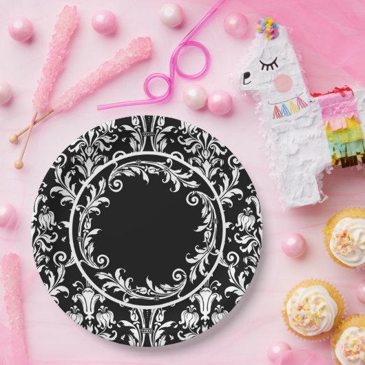Black White Damask Floral Swirls personaliseren Papieren Bordje (Feest)