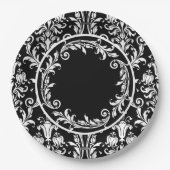 Black White Damask Floral Swirls personaliseren Papieren Bordje (Voorkant)