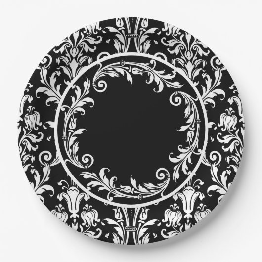 Black White Damask Floral Swirls personaliseren Papieren Bordje (Voorkant)