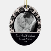 Black White Damask Foto Eerste Kerstfeest Keramisch Ornament (Rechts)