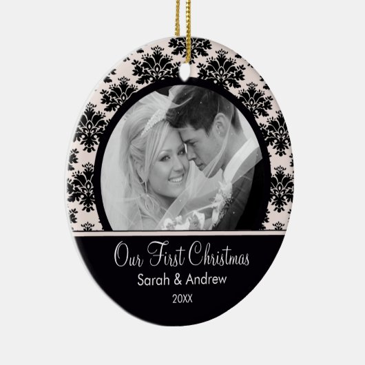 Black White Damask Foto Eerste Kerstfeest Keramisch Ornament (Rechts)