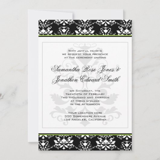 Black & White Damask Green Accent Wedding Invite Kaart (Voorkant)