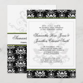 Black & White Damask Green Accent Wedding Invite Kaart (Voorkant / Achterkant)
