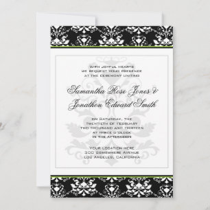 Black & White Damask Green Accent Wedding Invite Kaart