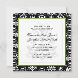 Black & White Damask Green Photo Wedding Invite Kaart