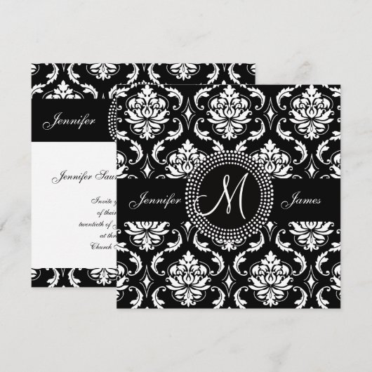 Black White Damask Initiaal Wedding Invitting Kaart (Voorkant / Achterkant)