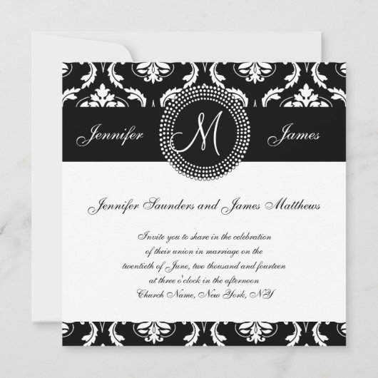 Black White Damask Initiaal Wedding Invitting Kaart (Achterkant)