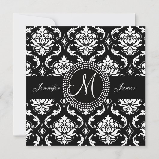Black White Damask Initiaal Wedding Invitting Kaart (Voorkant)
