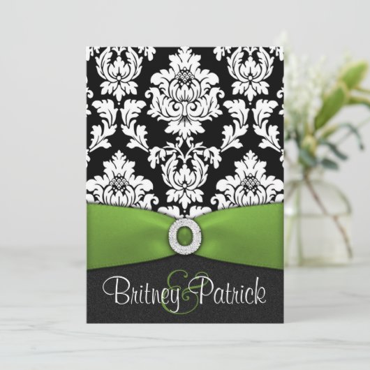 Black White Damask Lime Green Wedding Invitations Kaart (Staand voorkant)