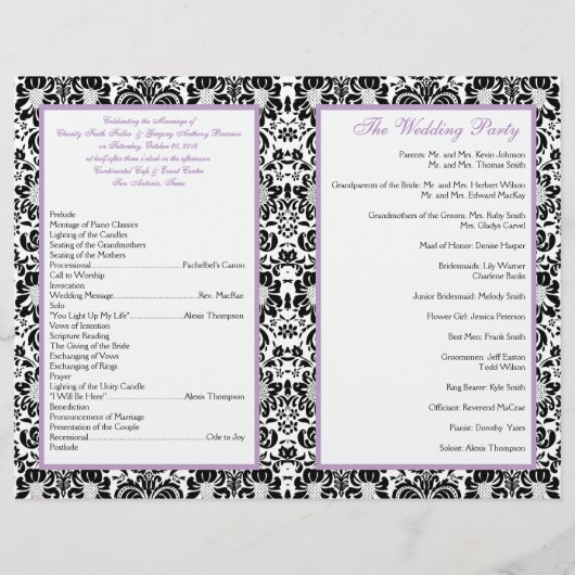 Black, White Damask met Lavender Wedding Program (Achterkant)