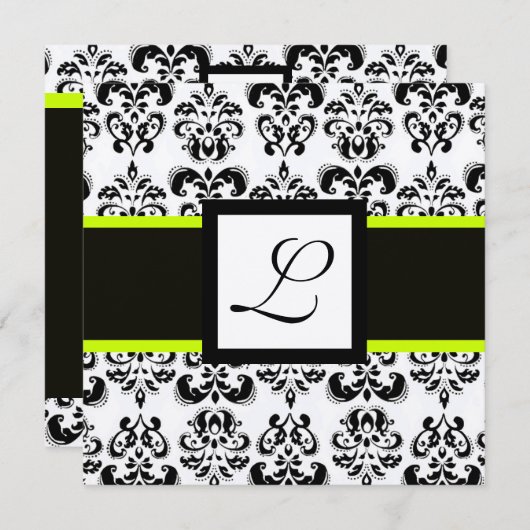 BLACK WHITE DAMASK MONOGRAM Champagne Metallic Kaart (Voorkant / Achterkant)