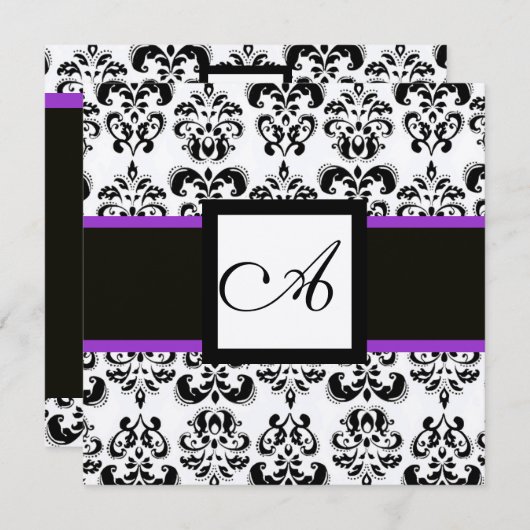BLACK WHITE DAMASK MONOGRAM Champagne Metallic Kaart (Voorkant / Achterkant)