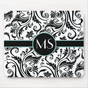 Black White Damask Monogram Muismat